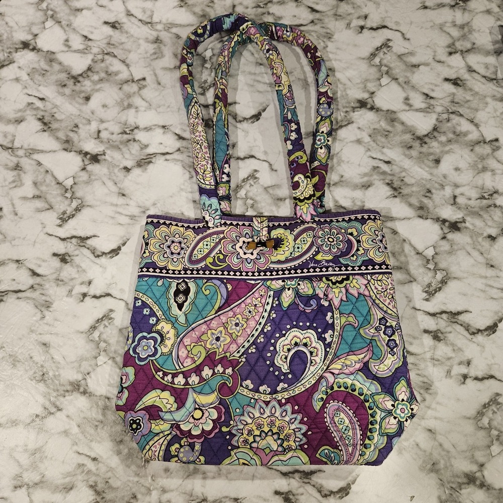 Vera Bradley Large Quilted Tote Purple Paisley 14x12 Shoulder Handbag Travel Bag